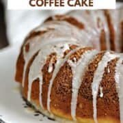 Bundt-shaped Cinnamon-Pecan Coffee Cake topped with glaze on a serving platter with title graphic across the top.