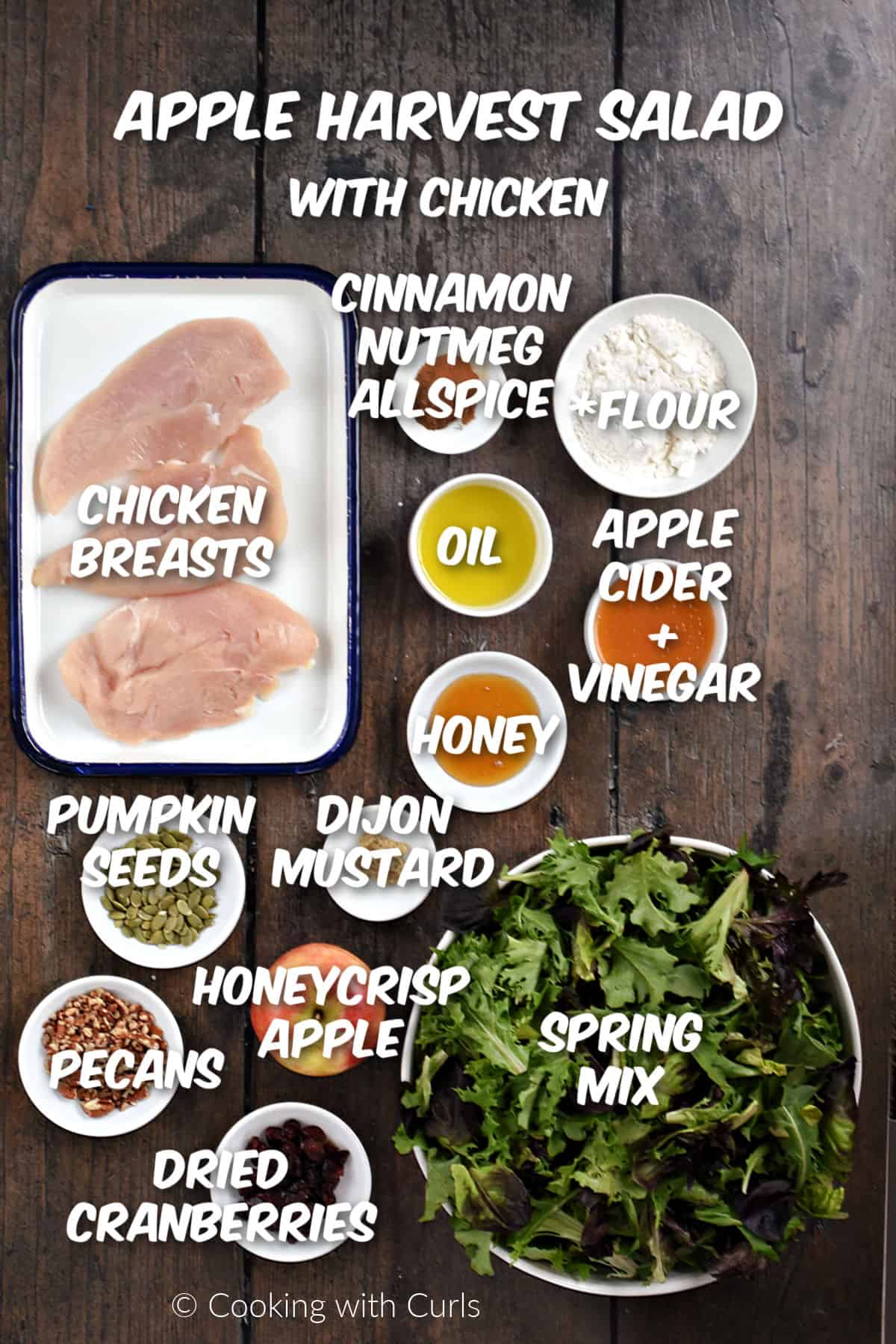 Ingredients needed to make Apple Harvest Salad with seasoned chicken. 
