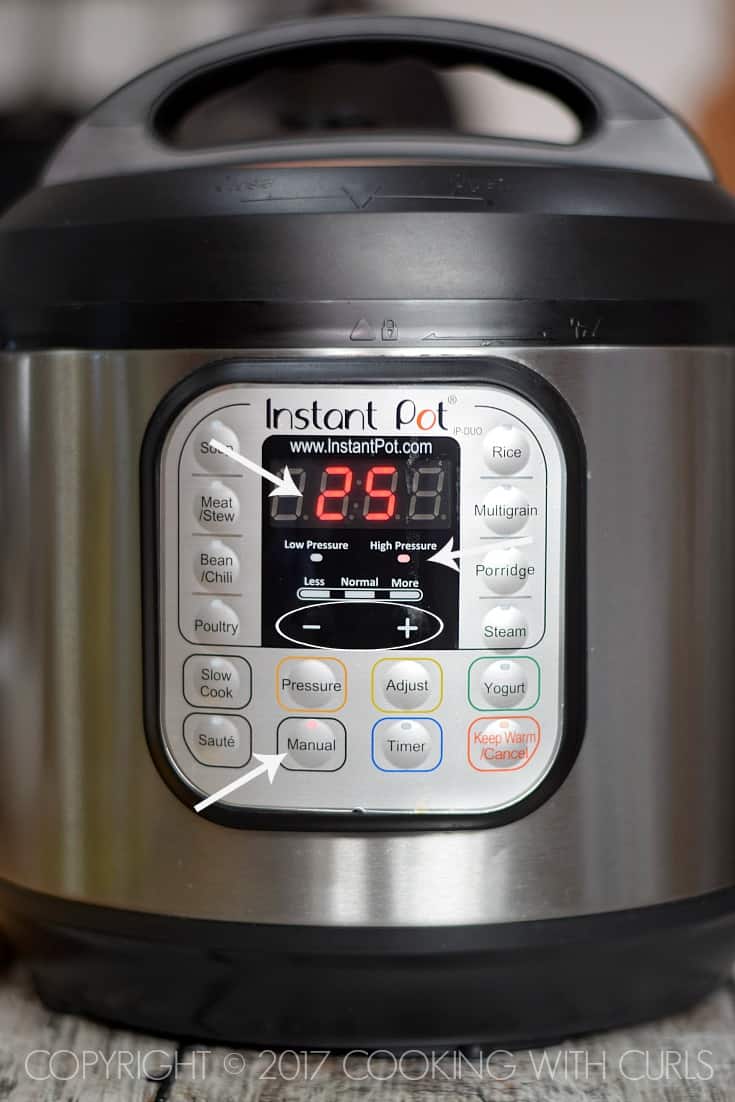 Instant Pot set to manual high pressure for 25 minutes.