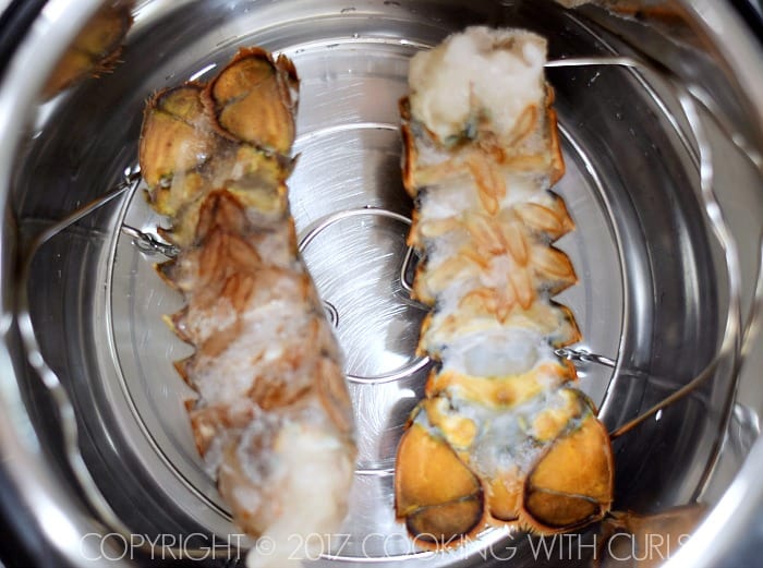 Two raw lobster tails in a pressure cooker.