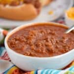This Chili Sauce for Hot Dogs is not just for hot dogs! It is just as delicious on baked potatoes, nachos, and even pizza | COPYRIGHT © 2017 COOKING WITH CURLS
