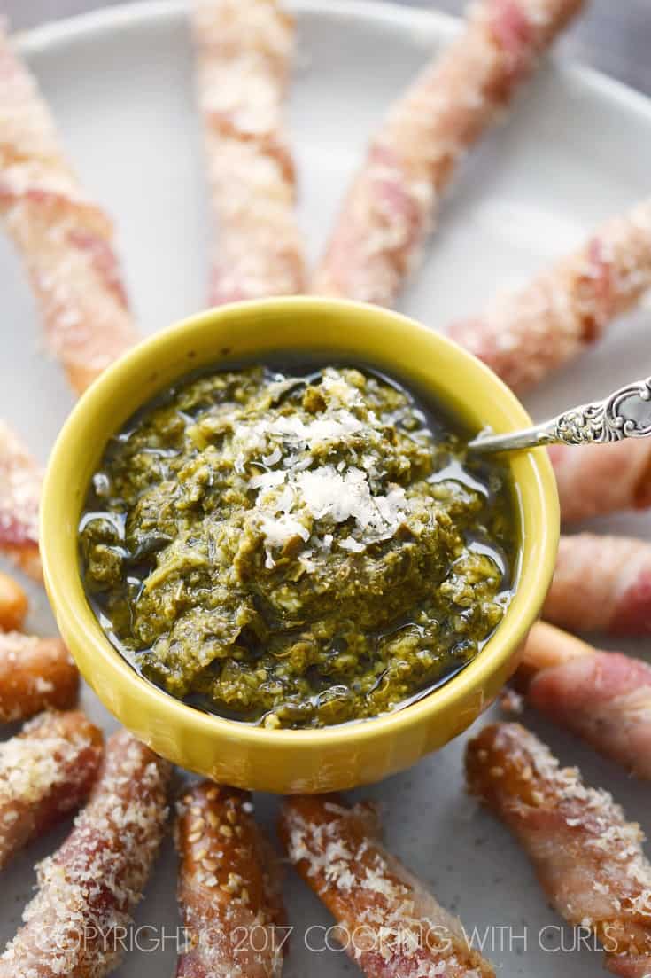 Bacon-Wrapped Breadsticks Appetizer served with Basil Pesto is a perfectly simple appetizer! COPYRIGHT © 2017 COOKING WITH CURLS