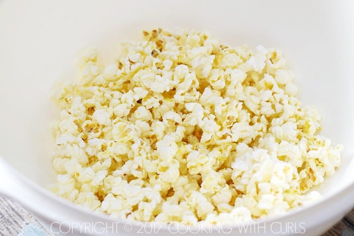 Seasoned popcorn in a large mixing bowl.