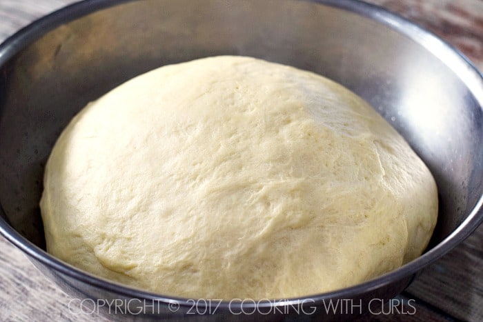 Risen dough in a large bowl.