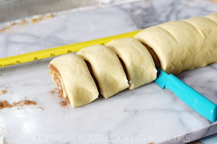 Filled dough roll cut into thick slices.