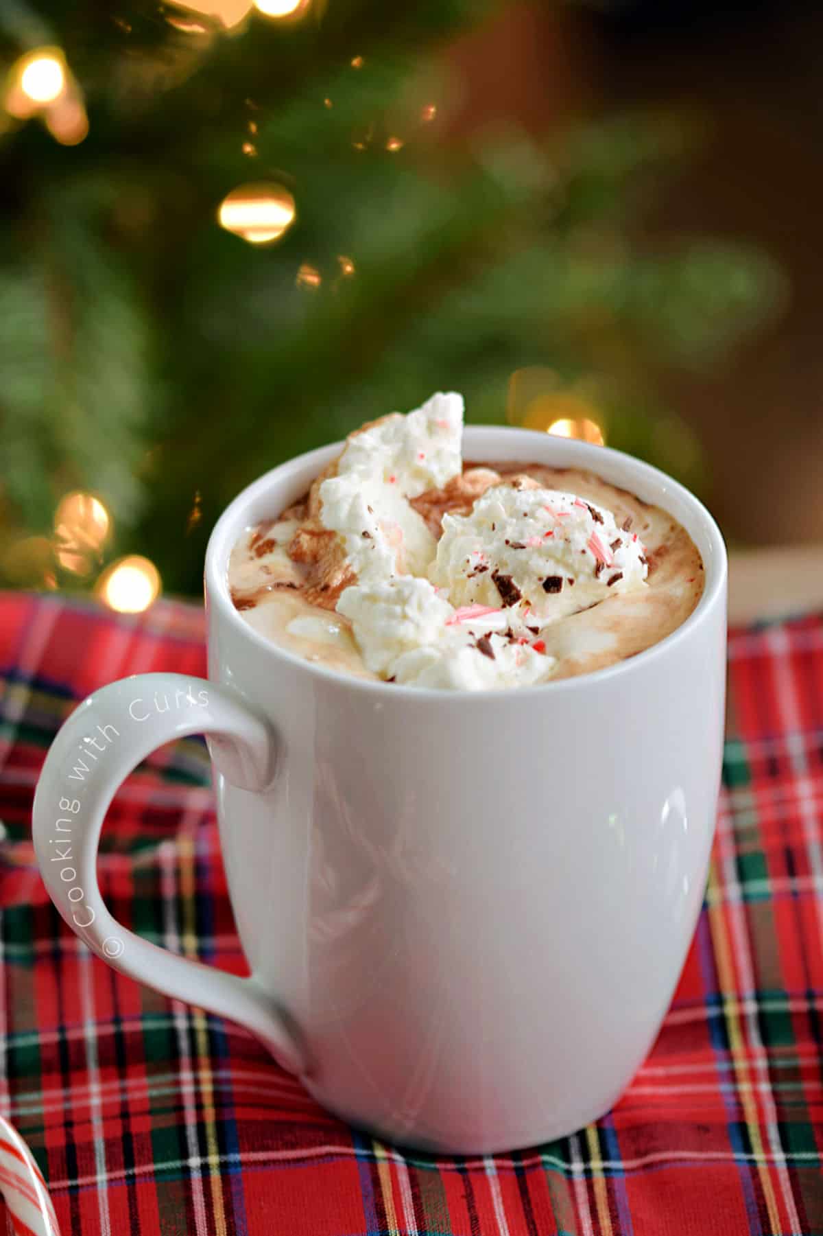A mug of hot chocolate topped with whipped cream, chocolate sprinkles, and crushed peppermint candy. 