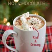 A mug of hot chocolate topped with whipped cream, chocolate sprinkles, and crushed peppermint candy with title graphic across the top.