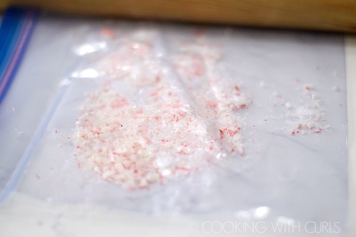 Crushed peppermint candy canes in a  zipper topped bag.