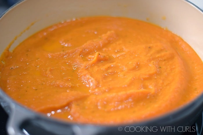 Roasted Tomato Rosemary Soup heat in pot © 2017 COOKING WITH CURLS
