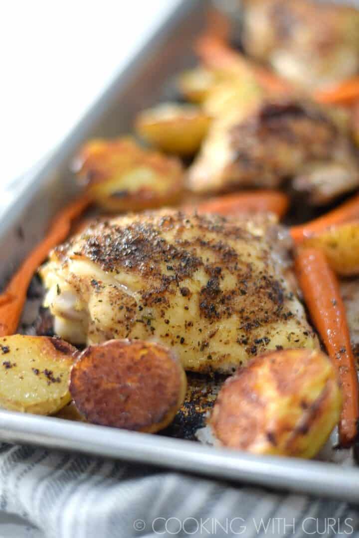 Sheet Pan Roast Chicken Thighs Cooking with Curls