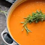 This thick and creamy Roasted Tomato Rosemary Soup in a large pot.