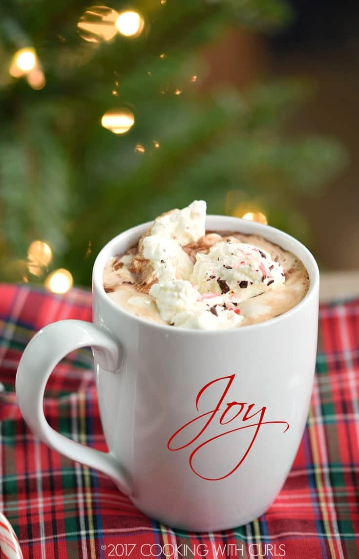 A mug of hot chocolate topped with whipped cream, chocolate shavings, and crushed peppermint candy.