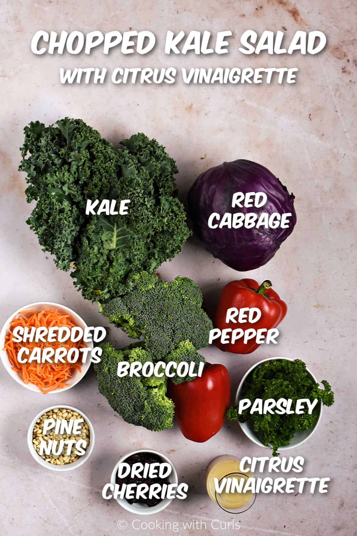 Ingredients needed to make chopped kale salad.