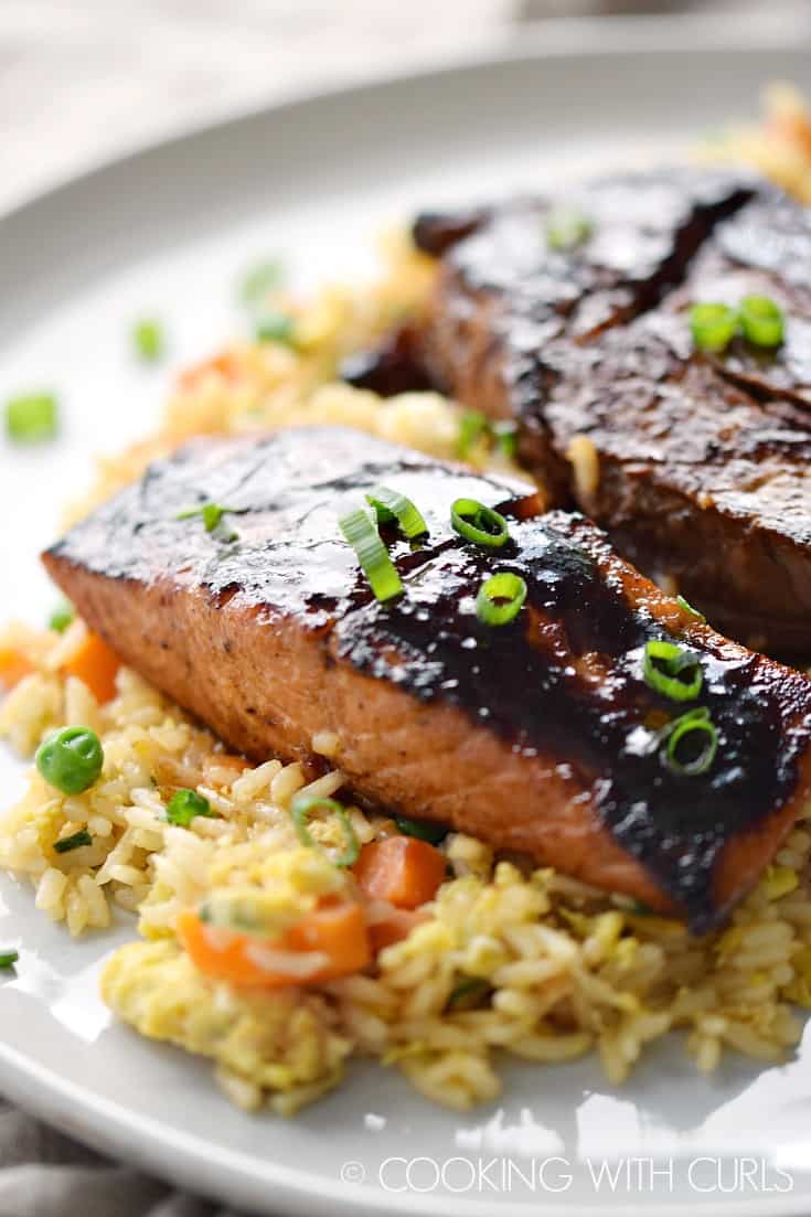 Grilled salmon and steak on a bed of fried rice.