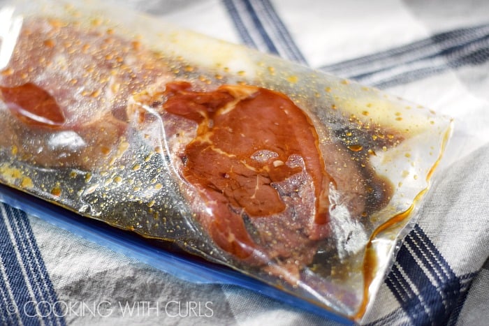 Steak and Salmon marinating in a zipper top bag.