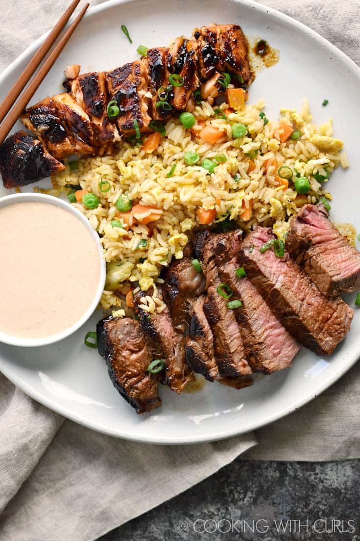 Japanese Hibachi Steak and Salmon with Fried Rice and YumYum Sauce that tastes better than the restaurant version! © COOKING WITH CURLS