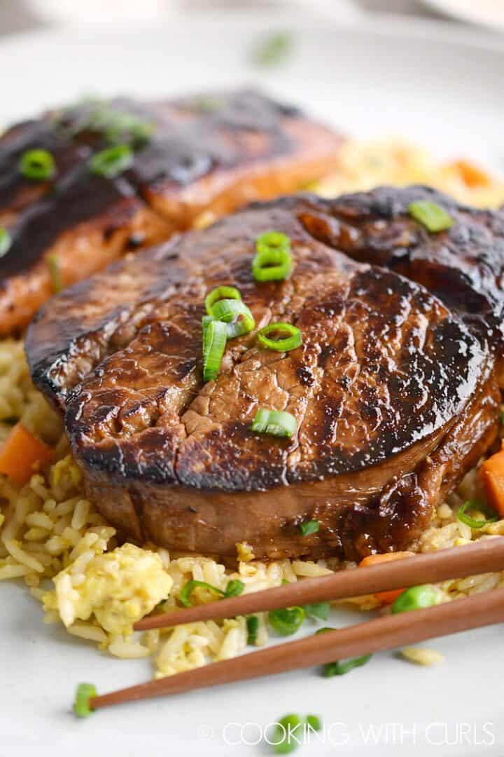 Japanese Hibachi Steak and Salmon Cooking with Curls