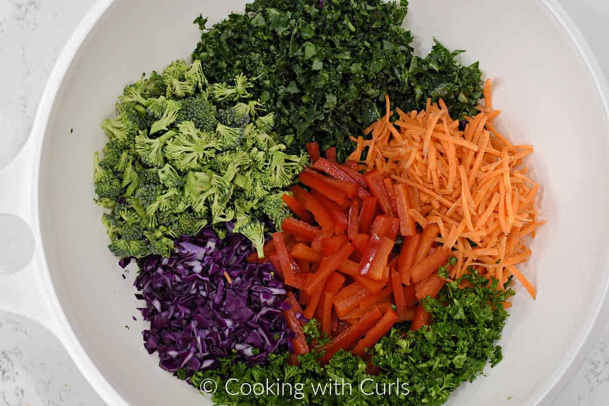Chopped kale, broccoli, parsley, red cabbage, carrots, and strips of red pepper in a mixing bowl.