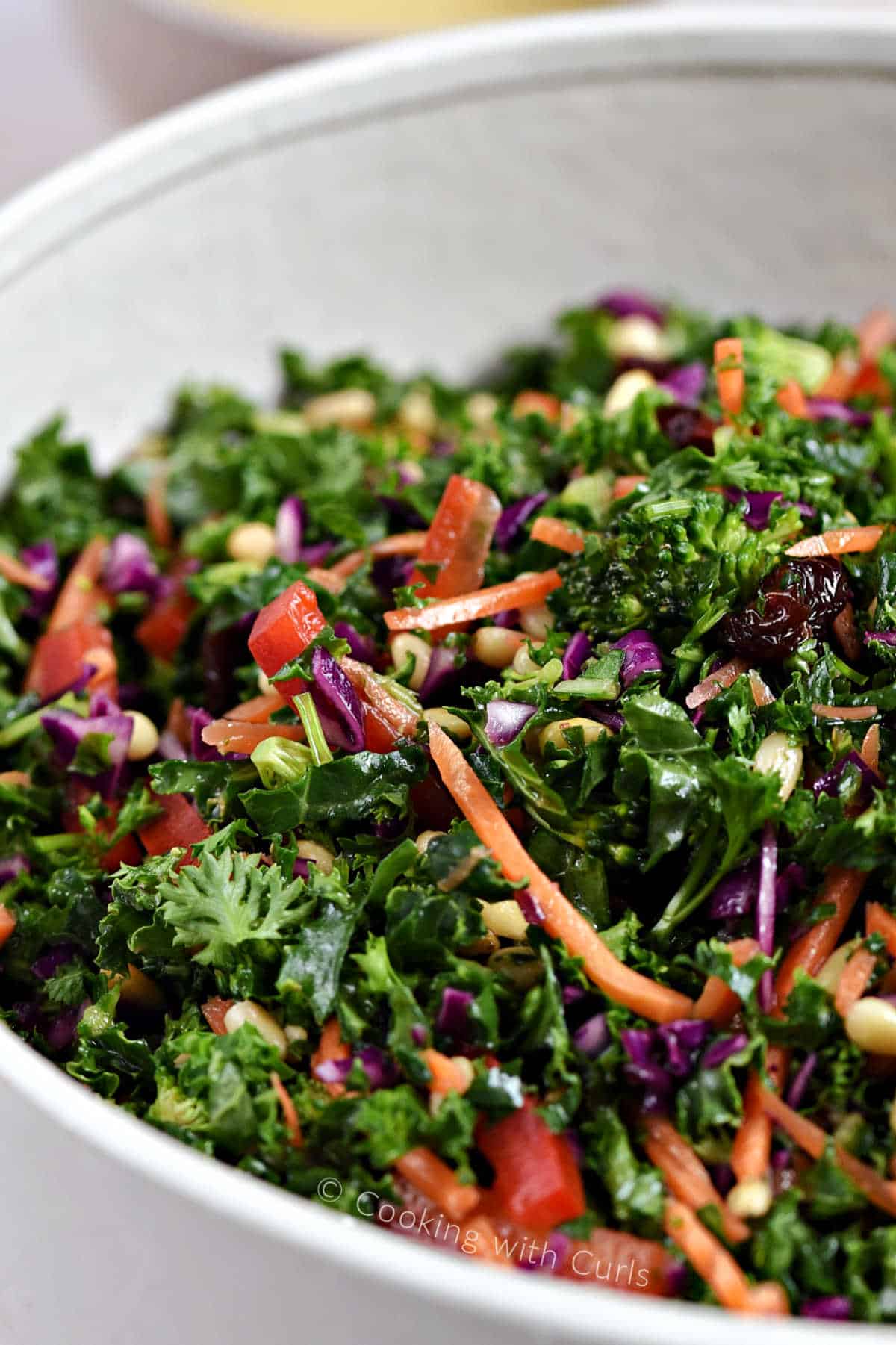 Close-up image of chopped kale salad tossed in a serving bowl.