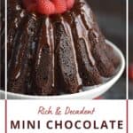 Mini Chocolate Bundt Cake topped with ganache and fresh raspberries with title graphic across the bottom.