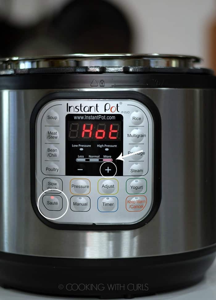 Instant Pot Sauté More setting HOT on the display.