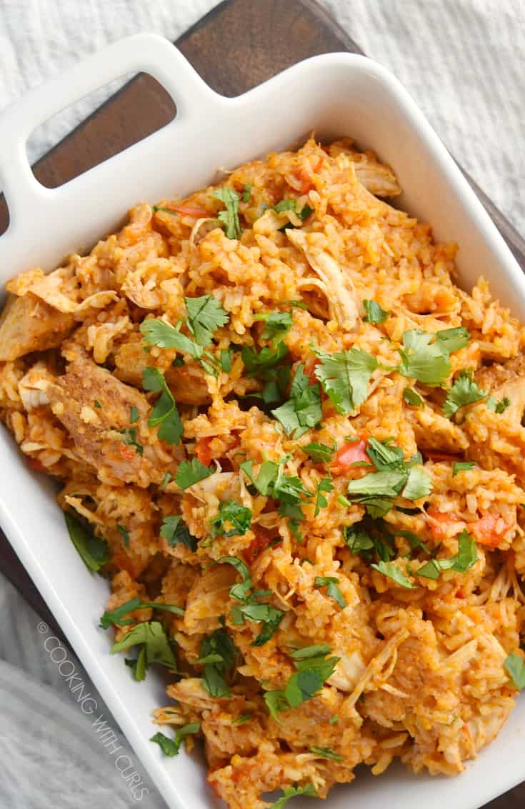 Instant Pot Tandoori Spiced Chicken and Rice in a white baking dish.