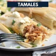 Two Instant Pot Red Chile Pork Tamales on a plate with one cut open to show the inside with title graphic across the top.