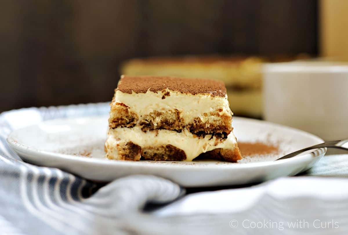 Horizontal image of tiramisu slice on a small plate with a cup of coffee in the background.