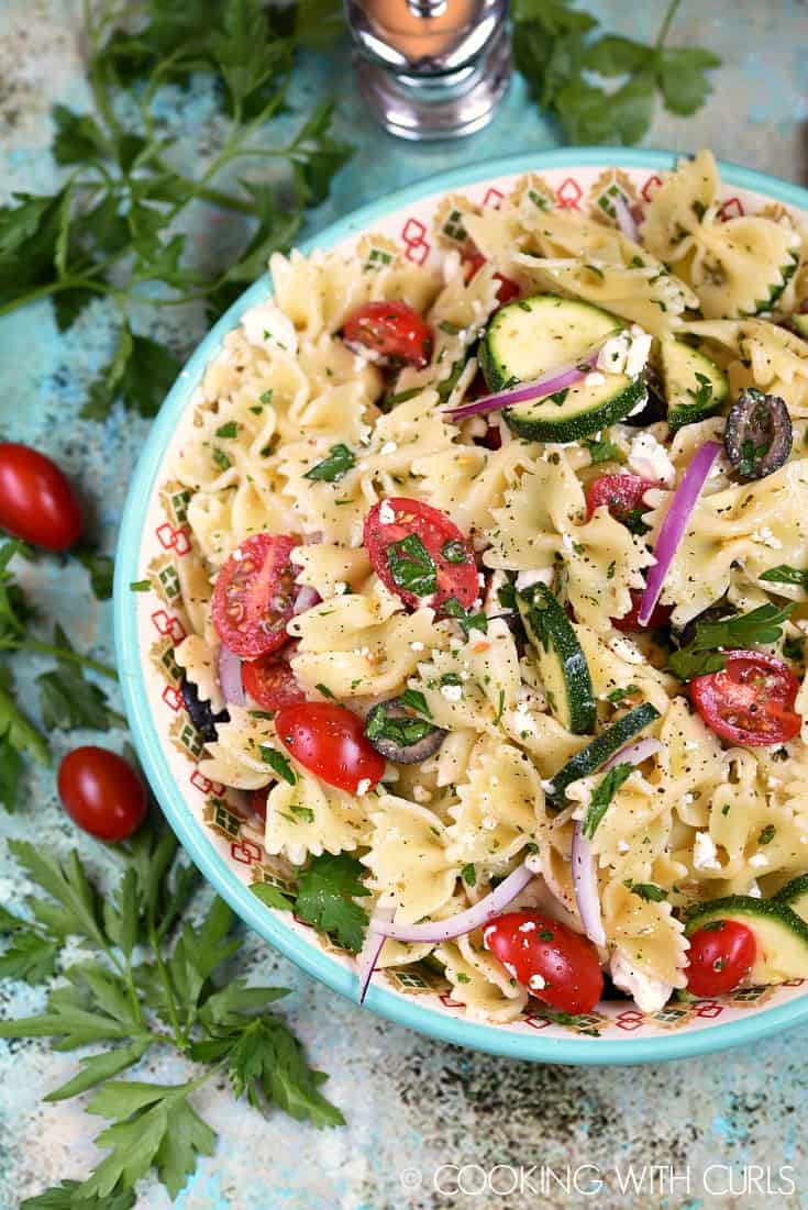Impromptu parties are not a problem when you can throw this Mediterranean Pasta Salad together in no time! © COOKING WITH CURLS