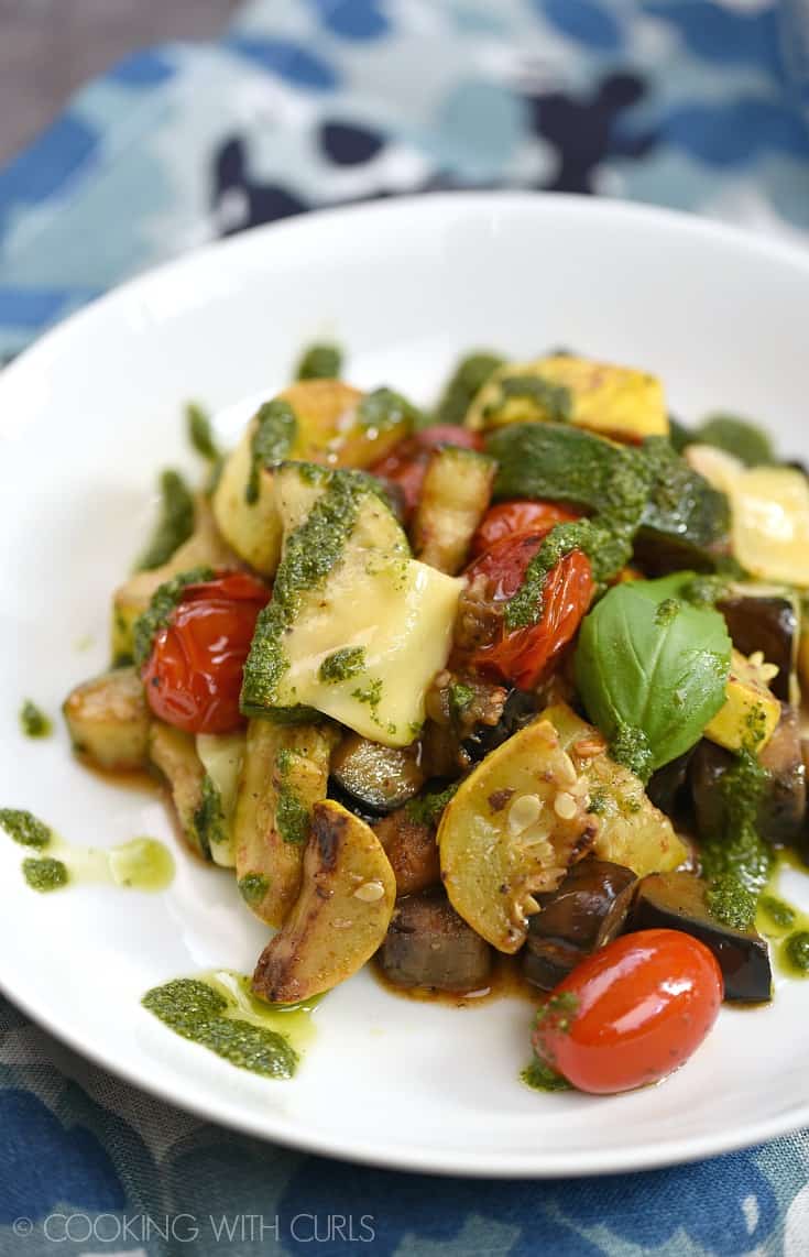 Charred Summer Vegetables topped with shaved Gruyere and a simple basil pistou equals a deliciously healthy meal that is simple to prepare! © COOKING WITH CURLS