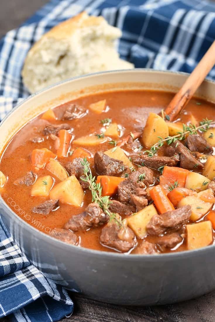 Instant Pot Beef Stew in a large, gray Dutch oven.