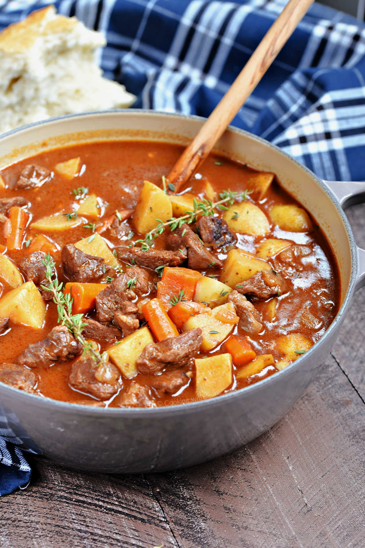 Instant Pot Beef Stew with potatoes and carrots in a rich gravy.