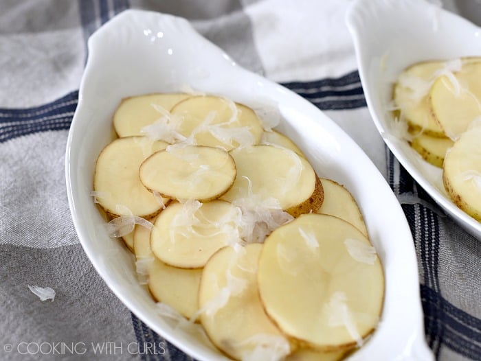 Layer the potato and onion slices in an au gratin dish cookingwithcurls.com