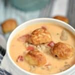 Beer Brats and Cheese Chowder with Homemade Soft Pretzel Bites...Delicious!! cookingwithcurls.com