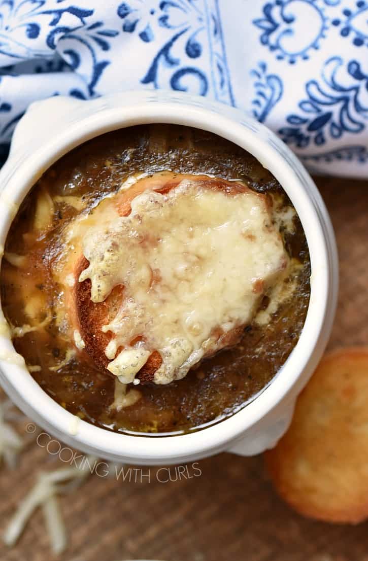 A big bowl of Instant Pot French Onion Soup.