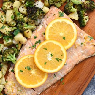 Orange Salmon with Roasted Vegetables is an easy and healthy meal that is cooked together in one pan! cookingwithcurls.com