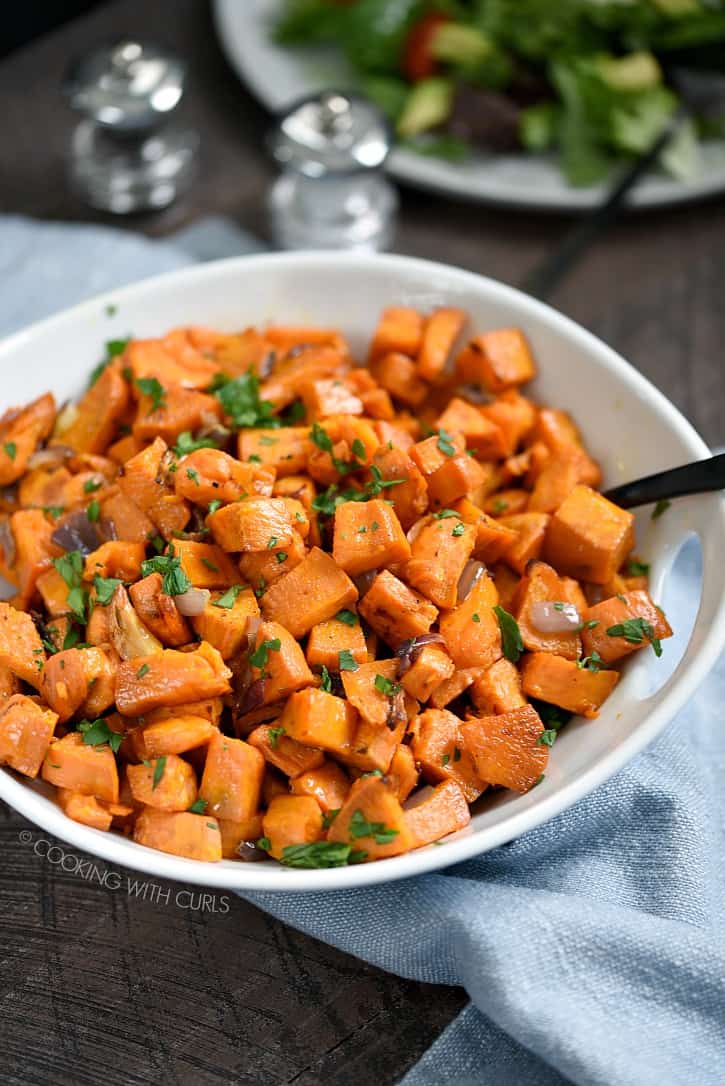 Simplify your morning meals by making a big batch of Oven Roasted Sweet Potatoes, then reheat them just before serving! cookingwithcurls.com