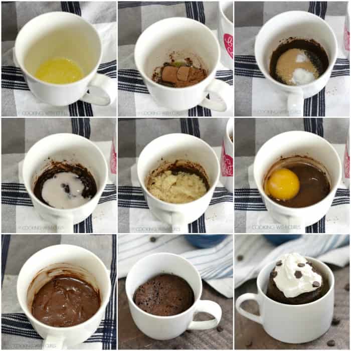 step-by-step image collage showing how to make a keto chocolate mug cake