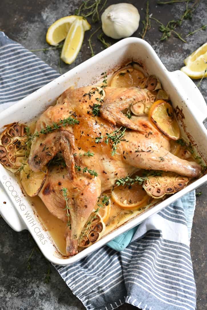 oven roasted spatchcock chicken in a white baking dish surrounded by garlic, thyme and lemon slices, sitting on a blue and white striped napkin