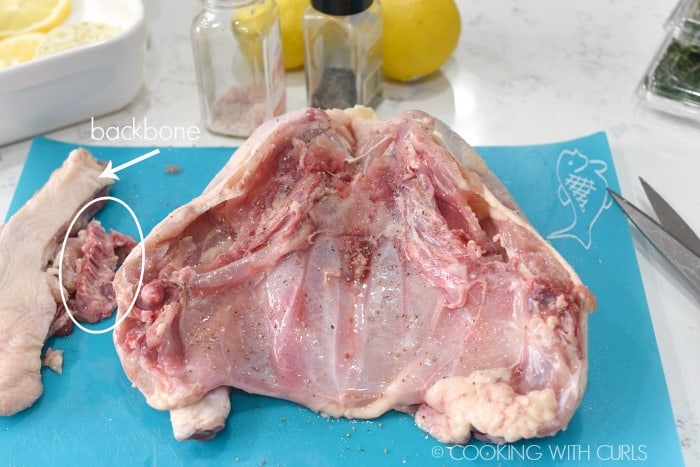 raw, whole chicken butterflied with the backbone removed sitting on a blue plastic cutting mat with a white baking dish, salt and pepper grinders, lemons and herbs in the background 