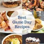 Best Game Day Recipes collage featuring Beef Sandwich, Chicken Wings, Bacon Wrapped Shrimp, Sausage Rolls, Chili and Smores Brownies