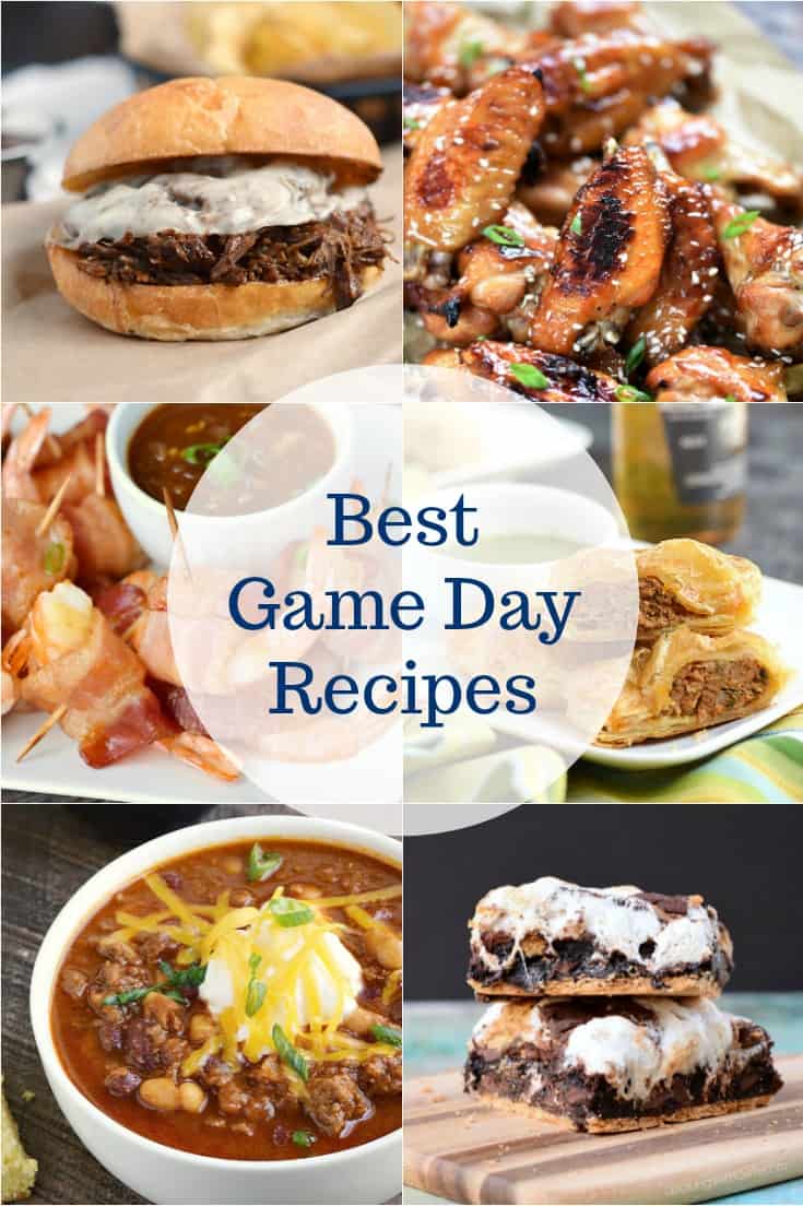 Best Game Day Recipes collage featuring Beef Sandwich, Chicken Wings, Bacon Wrapped Shrimp, Sausage Rolls, Chili and Smores Brownies