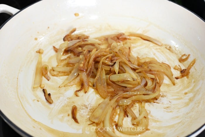 Caramelized onions in a cast iron skillet 