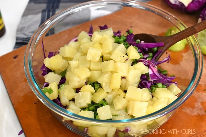 Pineapple chunks, red cabbage and green onions in a glass bowl