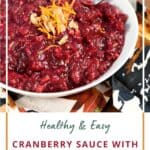 A white bowl with cranberry sauce topped with orange zest and title graphic across the bottom.