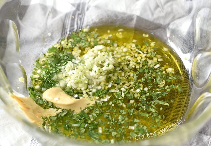 Cilantro-Lime marinade ingredients in a large glass bowl.