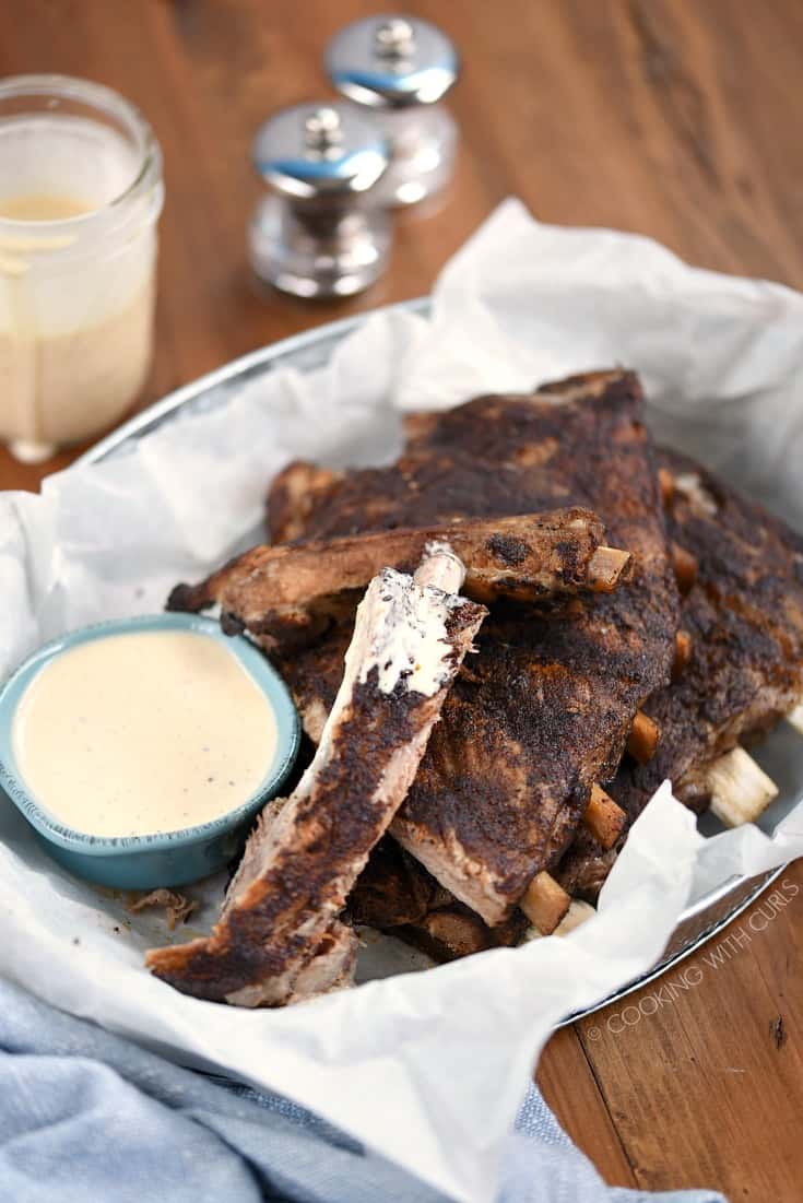 Cafe Mocha Rubbed Ribs with White BBQ Sauce in a basket.