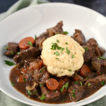Tender chunks of beef swimming in a rich Guinness gravy topped with a herb dumplings.