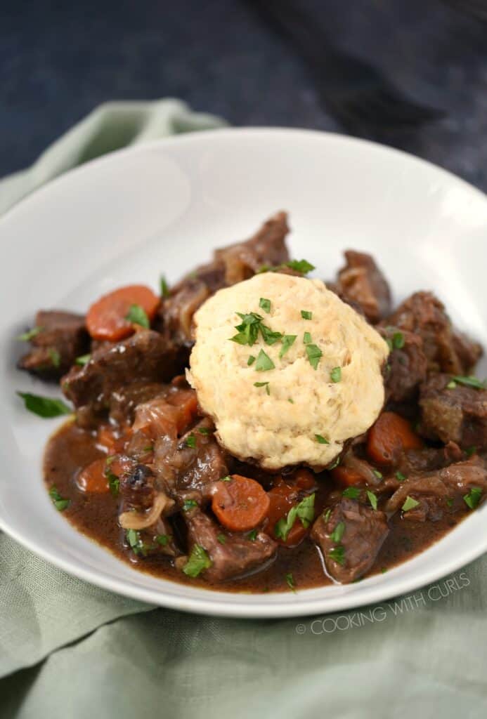 Tender chunks of beef swimming in a rich Guinness gravy topped with a herb dumplings.