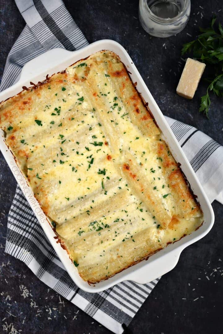 Chicken Alfredo Stuffed Manicotti Cooking with Curls